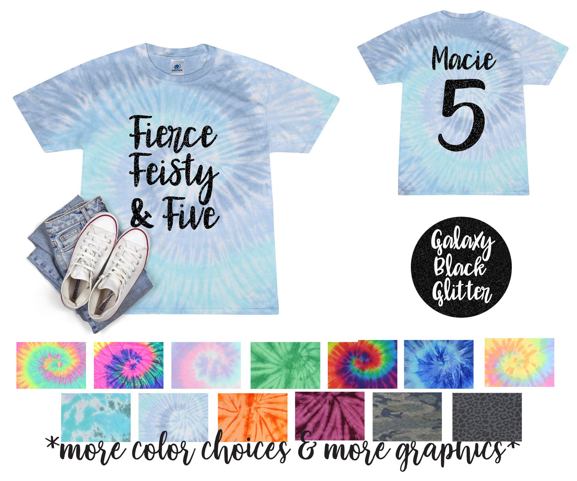 Fierce Feisty Und Fünf Mädchen Geburtstag Tie Dye Shirt Schwarz Glitzer Vinyl Tween von TwoDreamsShop