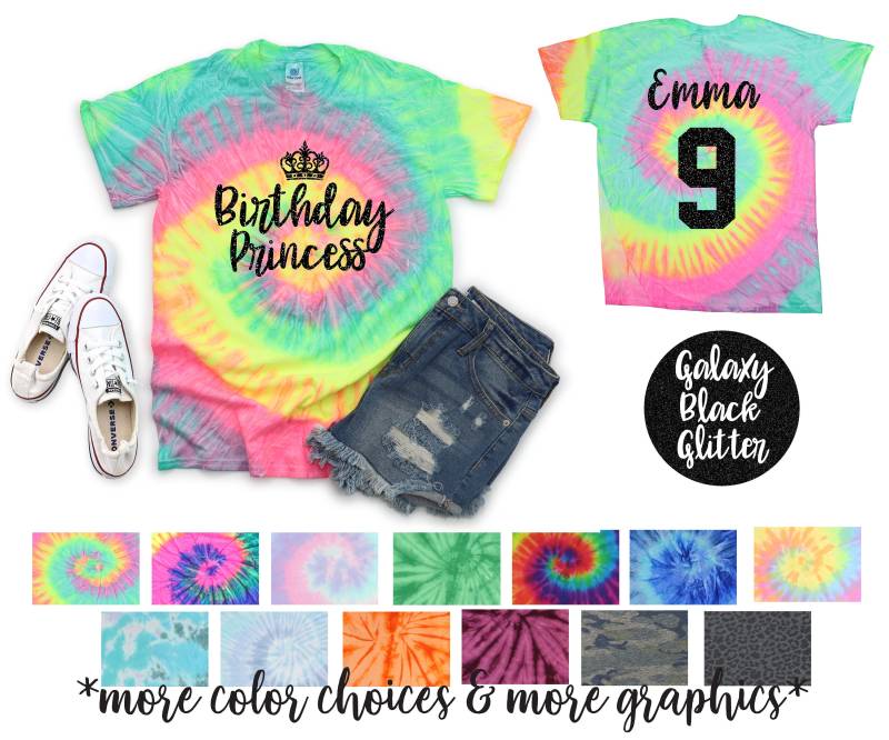 Geburtstag Prinzessin Pastell Neon Tie Dye Shirt Galaxie Hell Schwarz Glitzer Vinyl Geburtstagskind Geburtstagsparty Mädchen von TwoDreamsShop