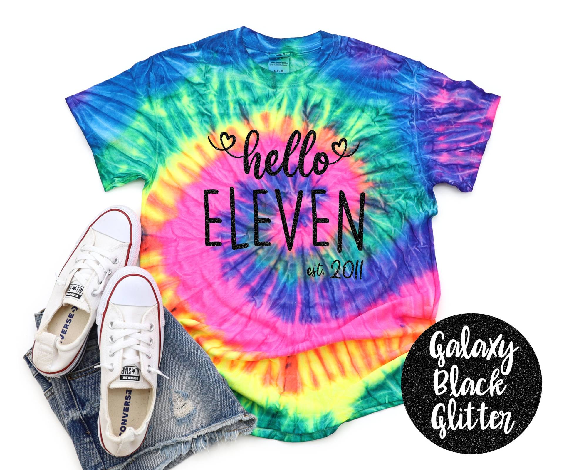 Hallo Elf Etierte Neon Tie Dye Shirt Galaxie Hellschwarz Glitzer Vinyl Geburtstagskind Geburtstagsparty Mädchen Batik Pastell von TwoDreamsShop