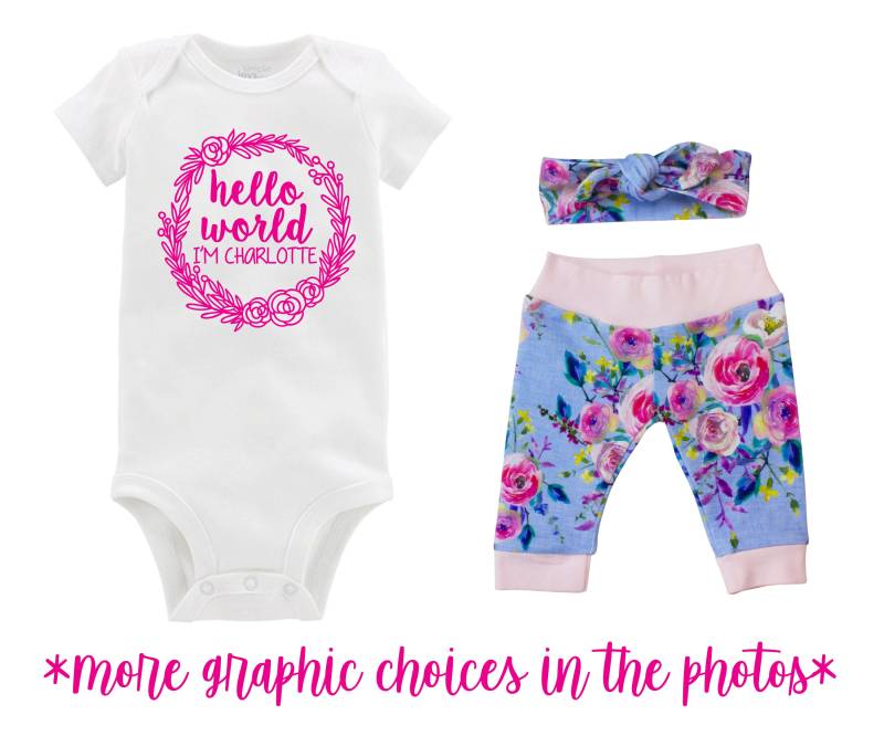 Hallo Welt Mädchen Gehen Nach Hause Kommen Outfit Neugeborene Baby Säugling Set Aquarell Blumen Yoga Leggings Top Knot Hut Stirnband Unfruchtbarkeit von TwoDreamsShop