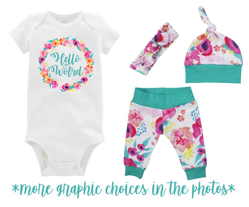 Hello World Mädchen Nach Hause Gehen Outfit Neugeborene Baby Säugling Set Aquarell Blumen Yoga Leggings Top Knot Hut Stirnband Unfruchtbarkeit von TwoDreamsShop