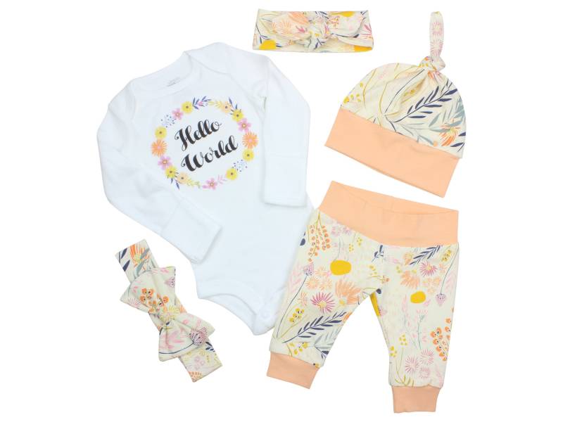 Hello World Neugeborenen Coming Home Set Outfit Body Säuglings Wildblumen Baby Leggings Spitzenknoten Hut Knoten Stirnband Schleife von TwoDreamsShop