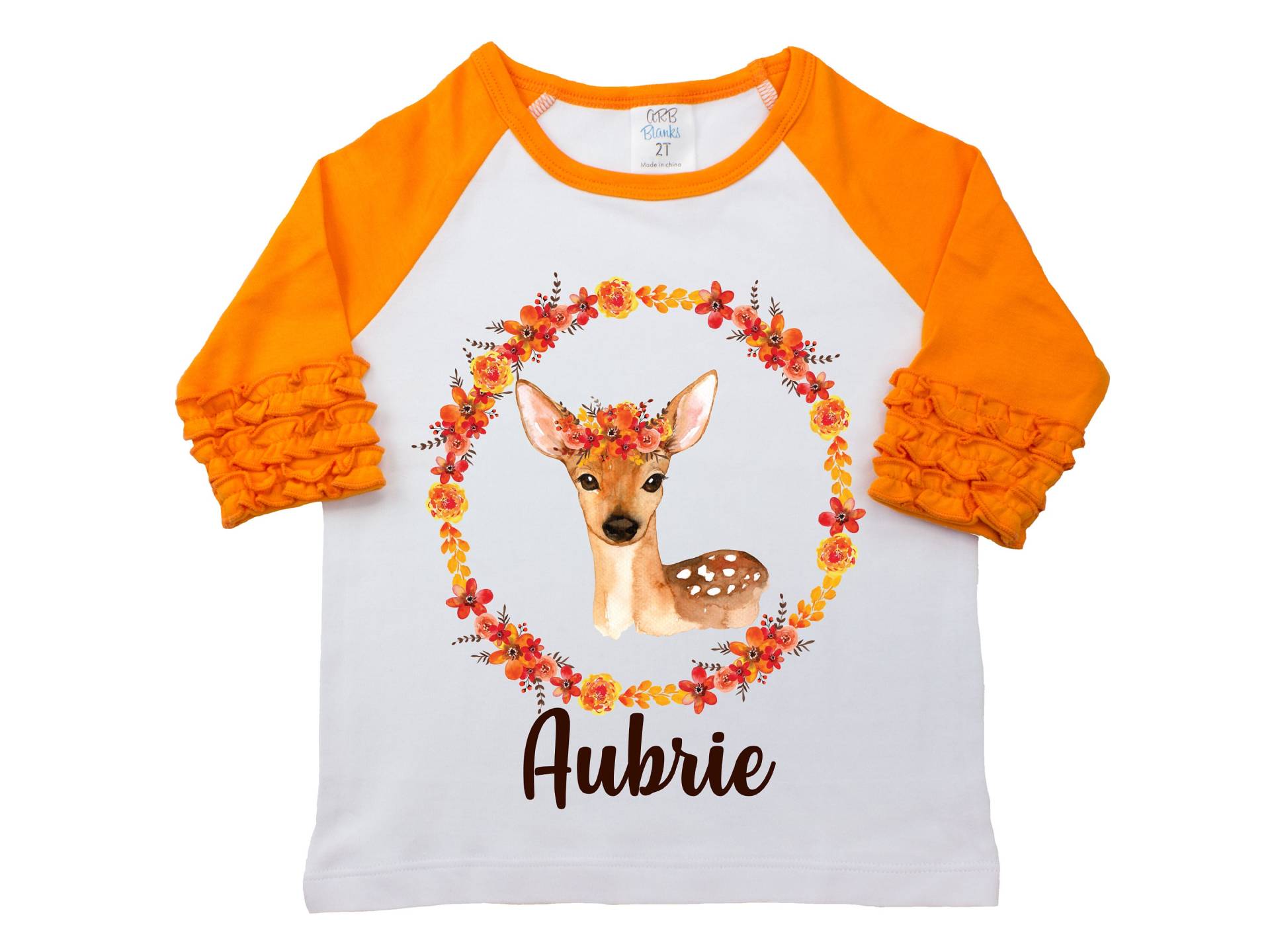 Herbst Blumen Hirsch Shirt Name Monogramm Personalisierte Aquarell Mädchen Orange Schwarz Halloween Thanksgiving Woodland von TwoDreamsShop