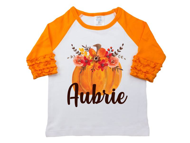 Herbst Blumen Kürbis Shirt Monogramm Name Personalisierte Aquarell Mädchen Orange Rot Girly Halloween Thanksgiving von TwoDreamsShop