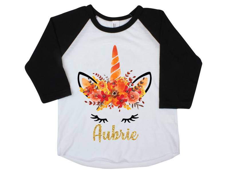 Herbst Einhorn Gesicht Shirt Glitter Name Personalisierte Aquarell Blumen Mädchen Orange Schwarz Gold Halloween Thanksgiving von TwoDreamsShop