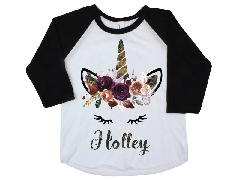 Herbst Floral Einhorn Gesicht Shirt Raglan Halloween Personalisierte Dunkel Schwarz Gold Sparkle Flattern Ärmel Mädchen Aquarell von TwoDreamsShop
