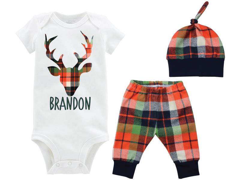 Herbst Junge Reh Bodysuit Karierte Baby Outfit Personalisierte Going Home Coming Hose Top Knot Hut von TwoDreamsShop