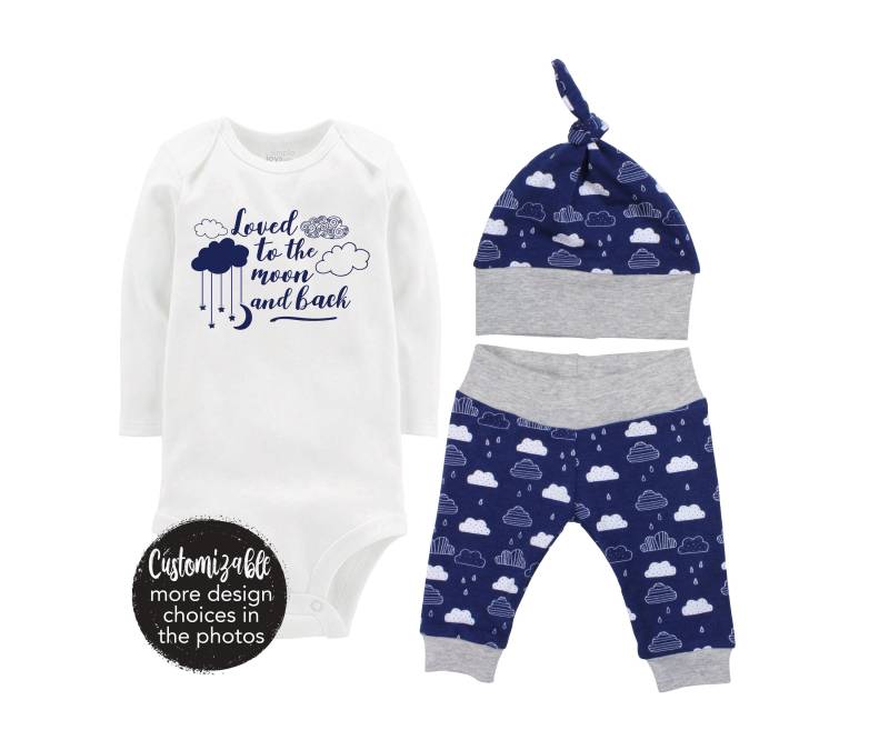 Junge Geliebt Bis Zum Mond Und Zurück Nach Hause Gehen Outfit Body Säugling Geschenk-Set Blaue Wolken Kommen Set Baby-Dusche-Geschenk Neugeborene von TwoDreamsShop