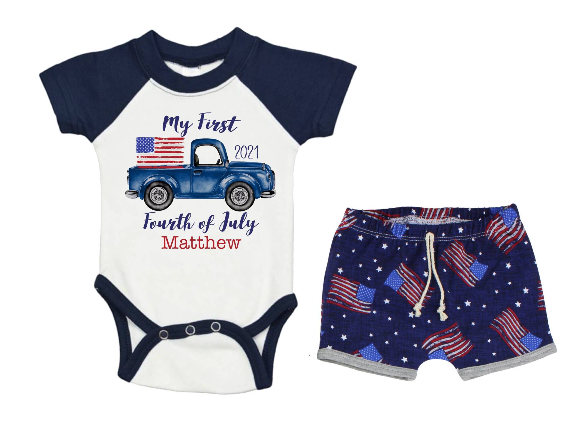 Junge Meine Erste Vierte Juli Raglan Outfit Personalisierte Baby Body Sommer 4. Blau Lkw Unisex Shorts von TwoDreamsShop