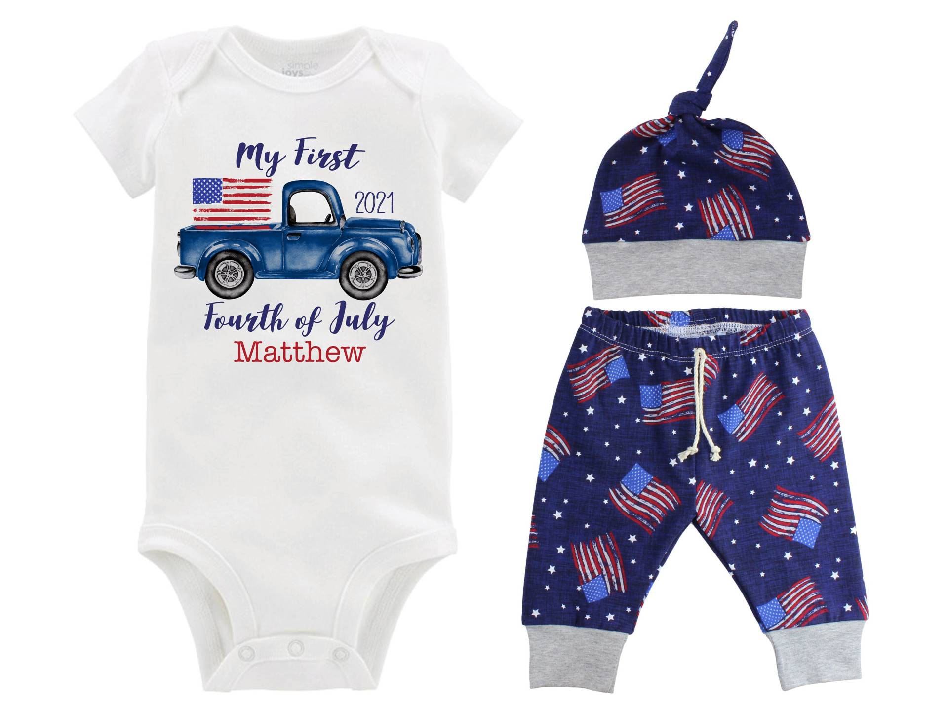 Junge Meine Erste Vierte Juli Raglan Outfit Personalisierte Baby Body Sommer 4. Blaue Flagge Unisex Hose von TwoDreamsShop