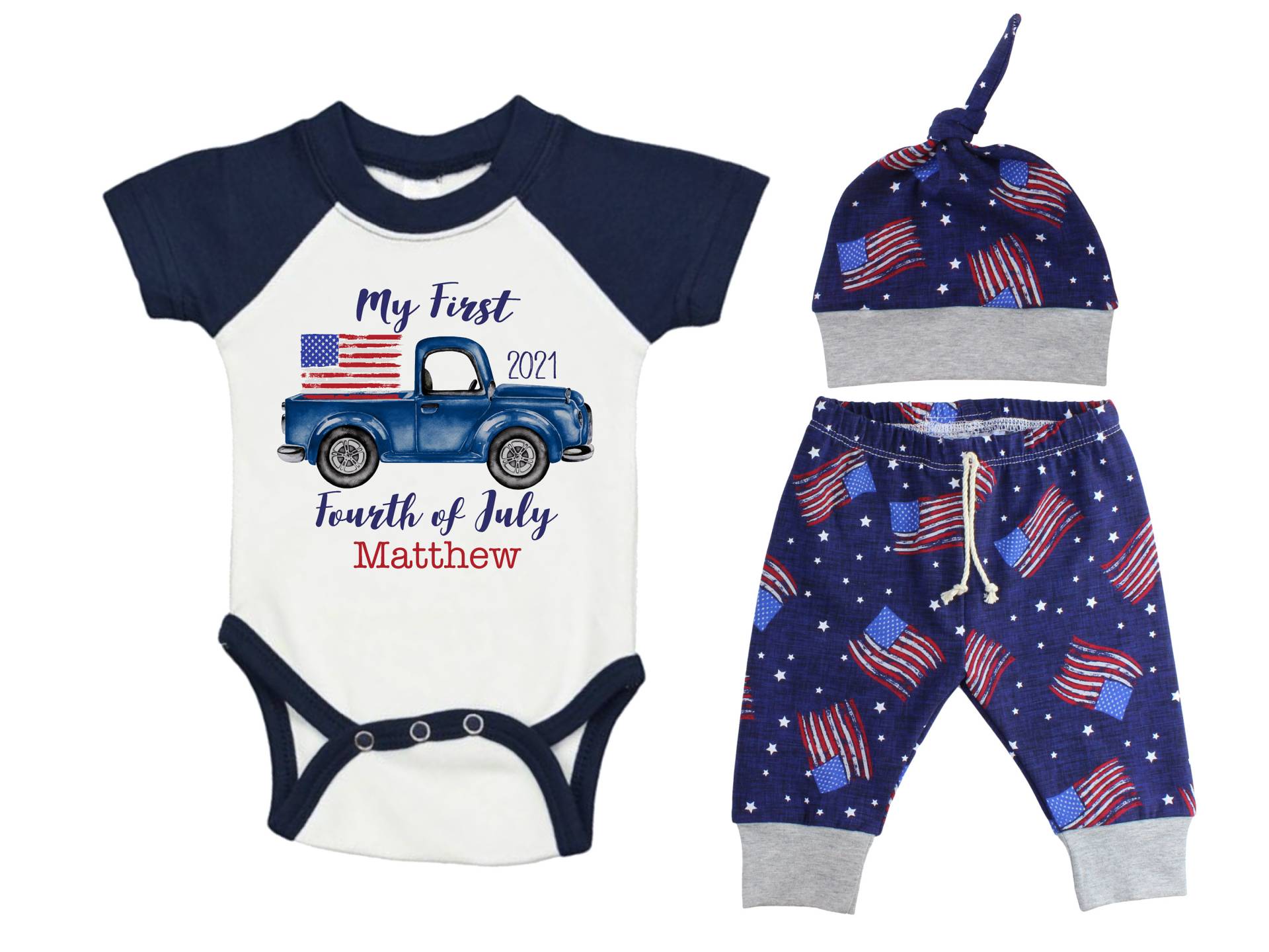 Junge Meine Erste Vierte Juli Raglan Outfit Personalisierte Baby Body Sommer 4. Blaue Flagge Unisex Hose von TwoDreamsShop