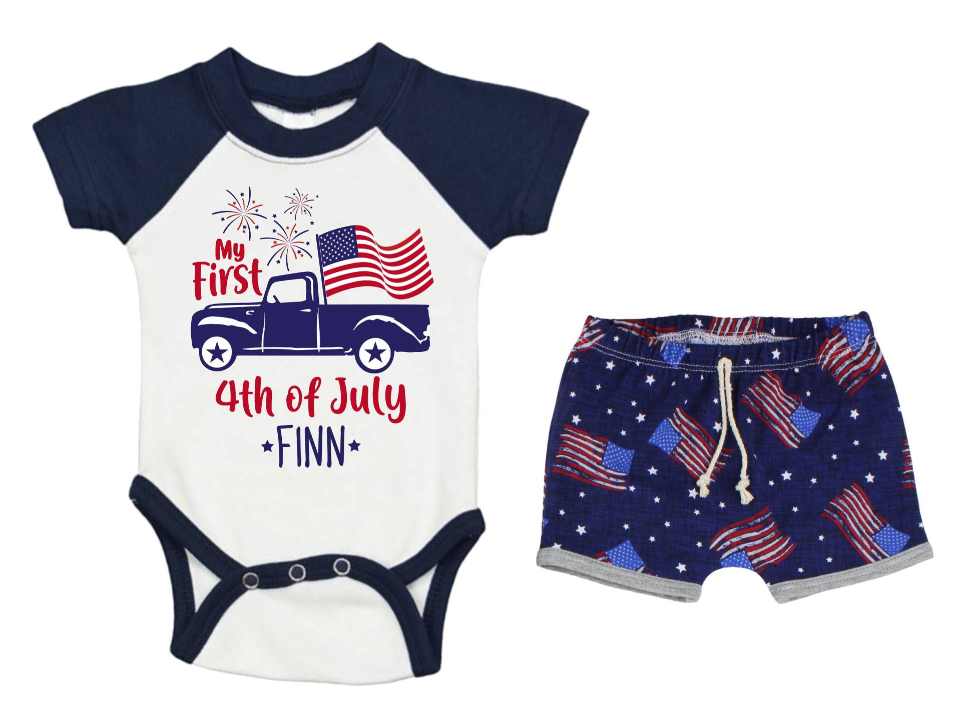 Junge Meine Erste Vierte Juli Raglan Outfit Personalisierte Baby Body Sommer 4. Blaue Flagge Unisex Hose von TwoDreamsShop