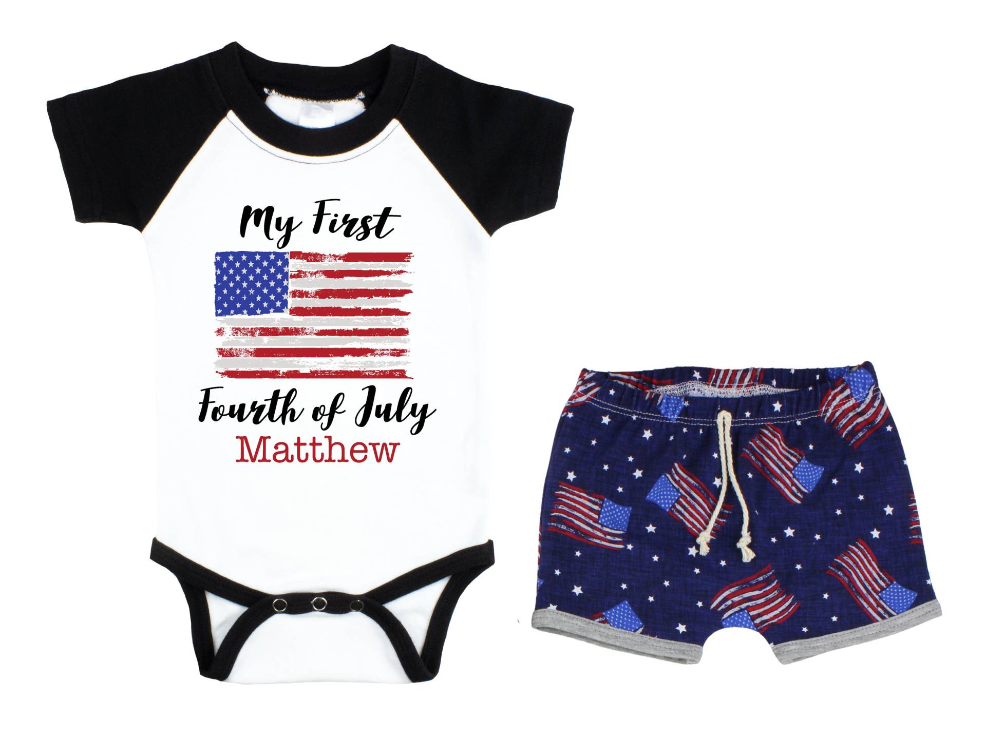 Junge Meine Erste Vierte Juli Raglan Outfit Personalisierte Baby Body Sommer 4. Blaue Flagge Unisex Shorts von TwoDreamsShop