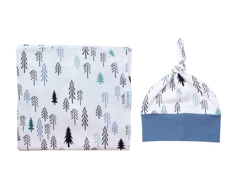 Junge Neugeborenen Swaddle Set Decke Bäume Blau Grün Schwarz Knoten Hut Jersey Stricken Säugling Geschenk Baby Dusche Pine Trees Outdoor Abenteuer von TwoDreamsShop
