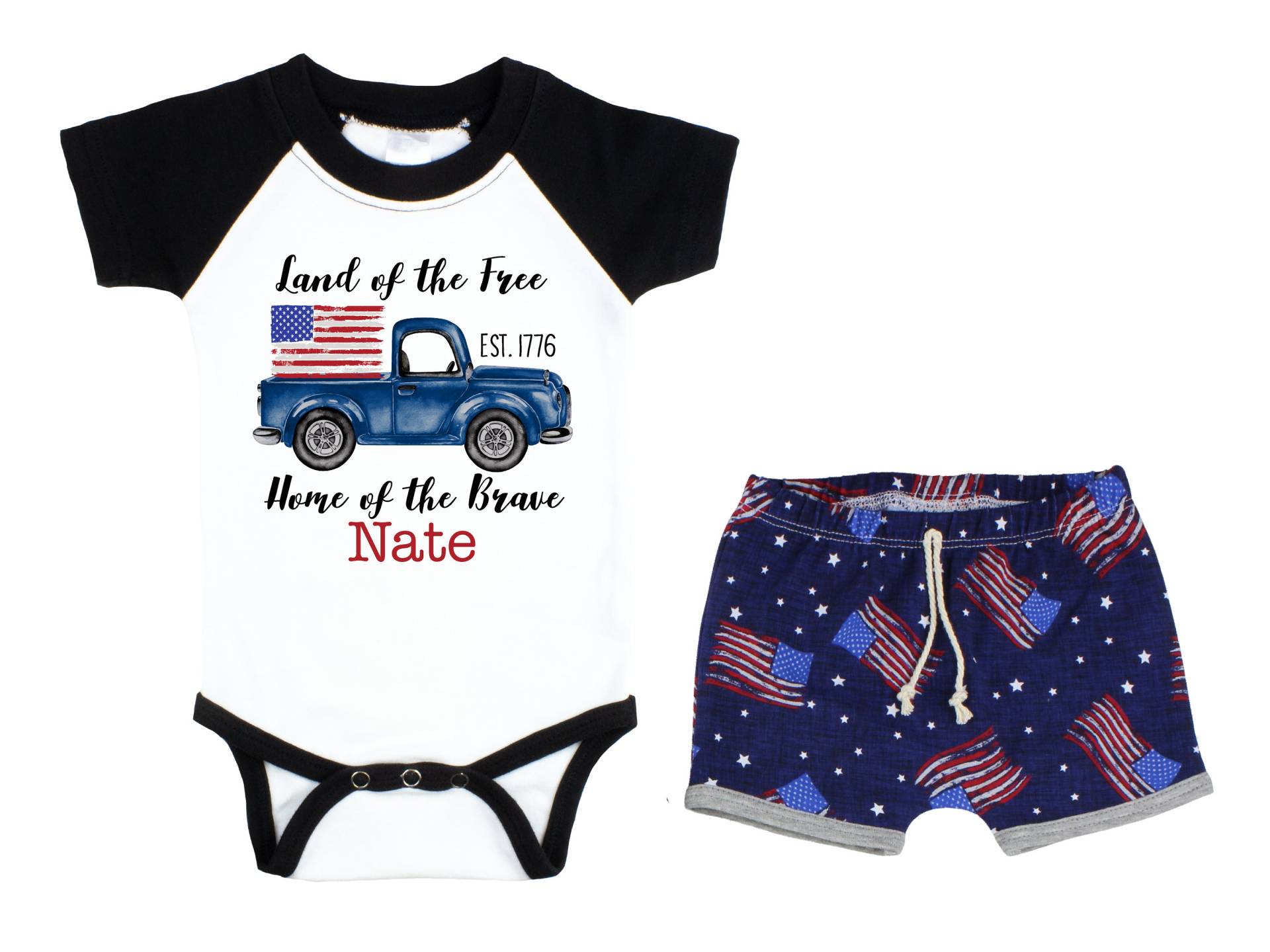 Junge Vierten Juli Raglan Outfit Personalisierte Land Der Kostenlosen Baby Body Sommer 4. Lkw Unisex Shorts von TwoDreamsShop