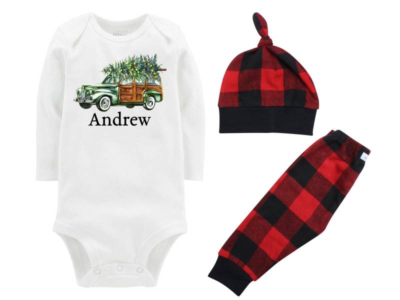 Junge Weihnachten Outfit Personalisierte Altes Grünes Auto Weihnachtsbaum Lichter Bodysuit Buffalo Karierte Hose Winter Boy Rot Schwarz Kariert von TwoDreamsShop