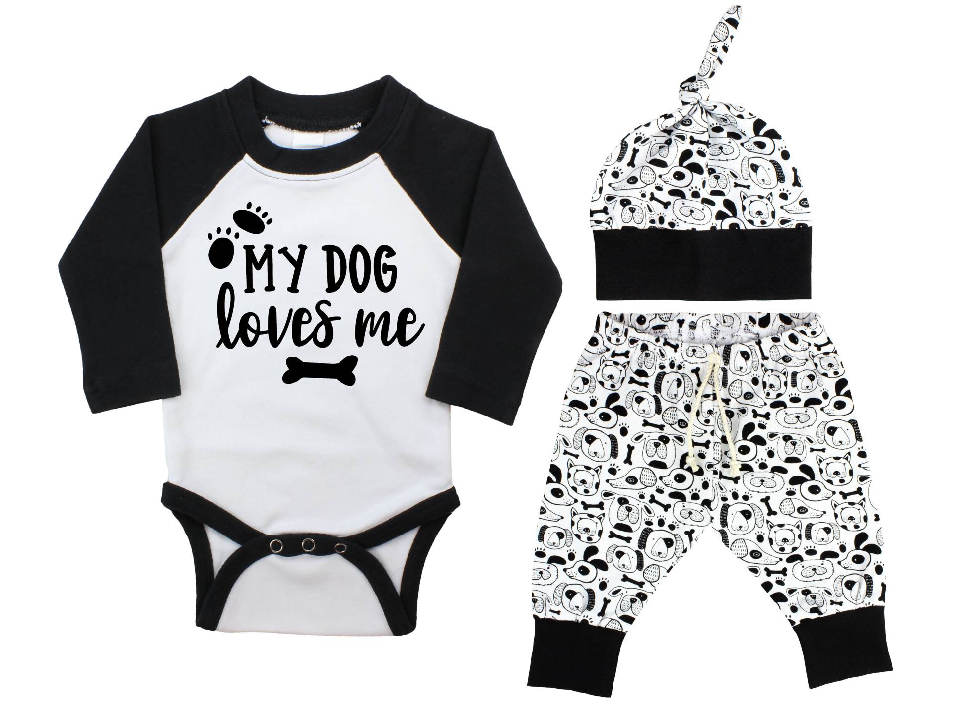 Junge Welpe Hund Raglan Outfit Mein Liebt Mich Baby Body Top Knoten Hut Pfotenabdruck Shirt Unisex Hose von TwoDreamsShop