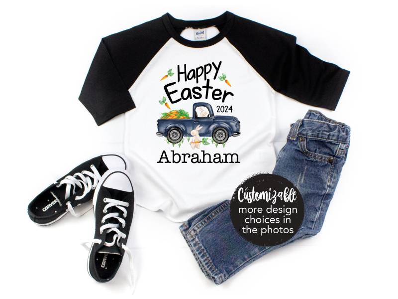 Jungen-Ostern-Hemd Frohe Ostern Lkw Und Häschen-Hemd Personifiziertes Ostern-Hemd Häschen Karotten Alter Blauer Lkw, Der Trägt von TwoDreamsShop