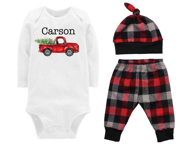 Jungen Outfit Personalisierte Alte Lkw Weihnachtsbaum Lichter Bodysuit Buffalo Karierte Hose Winter Boy Rot Schwarz Grau Plaid von TwoDreamsShop