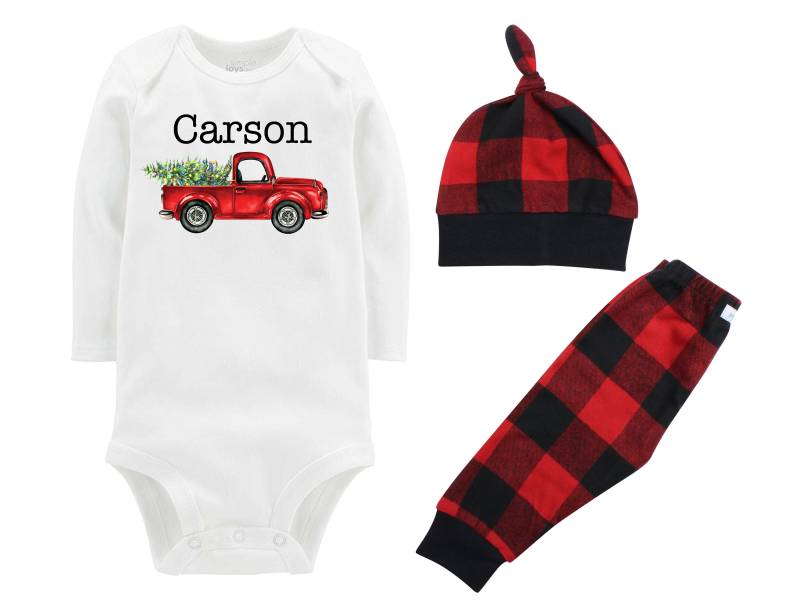 Jungen-Weihnachtsoutfit Alter Lkw-Weihnachtsbaum-Lichter-Bodysuit Buffalo Karierte Hose-Winter-Junge Rot Schwarz Kariert von TwoDreamsShop