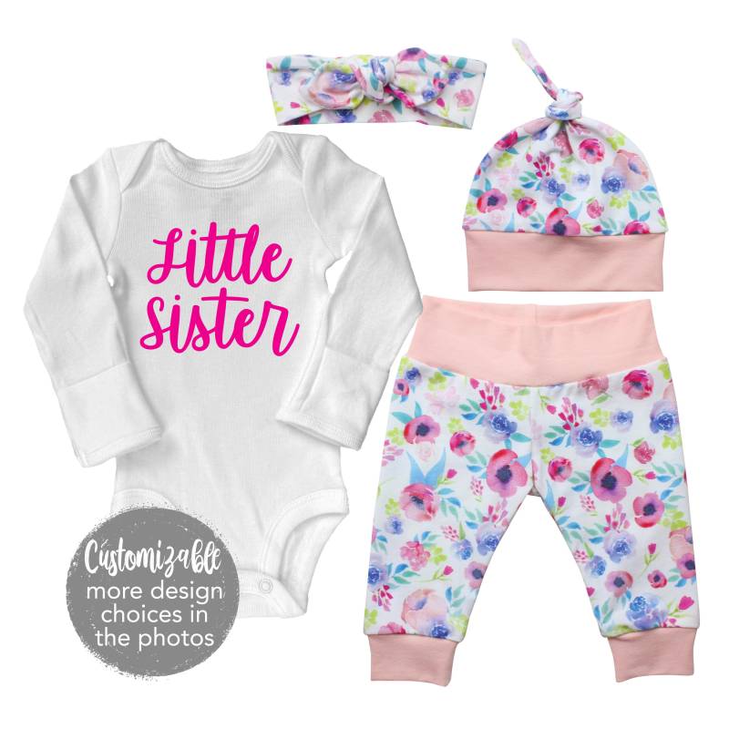 Kleine Schwester Mädchen Nach Hause Outfit Neugeborene Baby Säugling Set Aquarell Blumen Yoga Leggings Top Knoten Hut Stirnband Unfruchtbarkeit Body von TwoDreamsShop