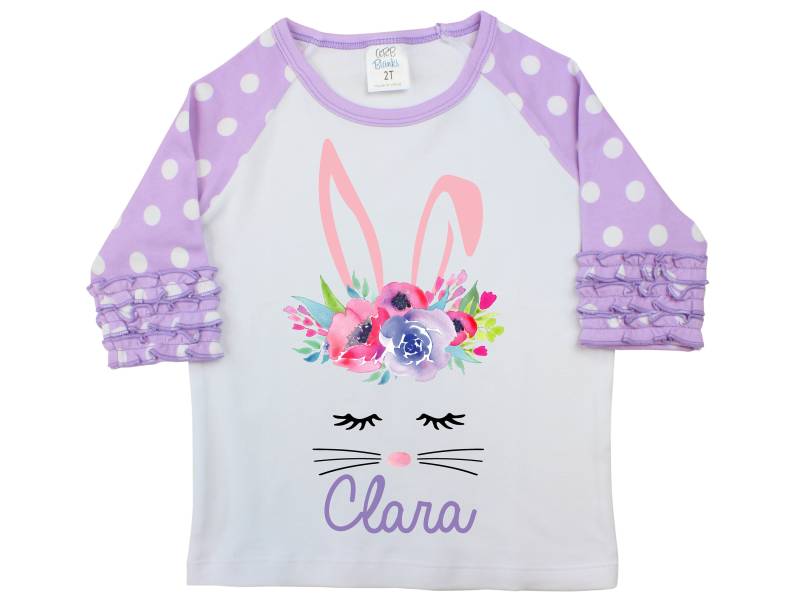 Mädchen-Hasen-Gesicht Ostern Shirt Aquarell Blumen Personalisierte Rüschen Raglan Bodysuit Flattern Ärmel Mädchen Monogramm von TwoDreamsShop