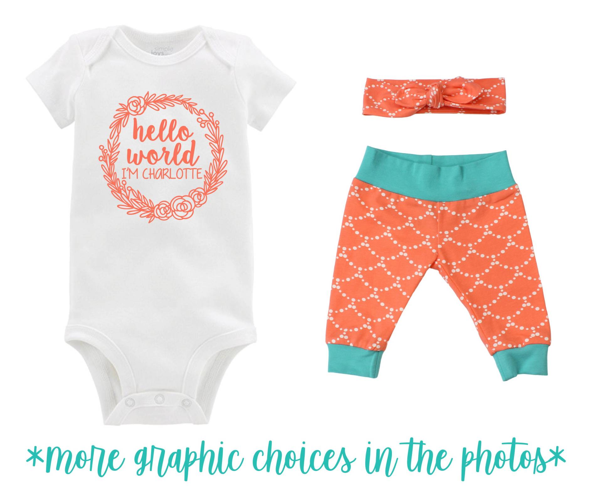 Mädchen Nach Hause Outfit Hallo Welt, Ich Bin Neugeborene Baby Säugling Set Orange Teal Yoga Leggings Stirnband Meerjungfrau Bodysuit Geschenkset von TwoDreamsShop