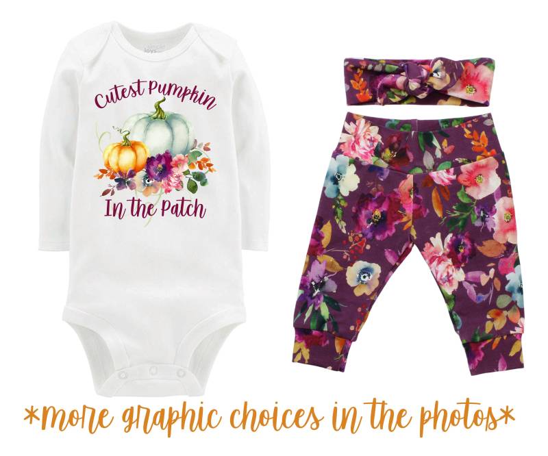 Mädchen Niedlichen Kürbis Im Patch Outfit Herbst Aquarell Blumen Yoga Leggings Stirnband Säugling Floral Kürbisse Mauve Orange Mint von TwoDreamsShop