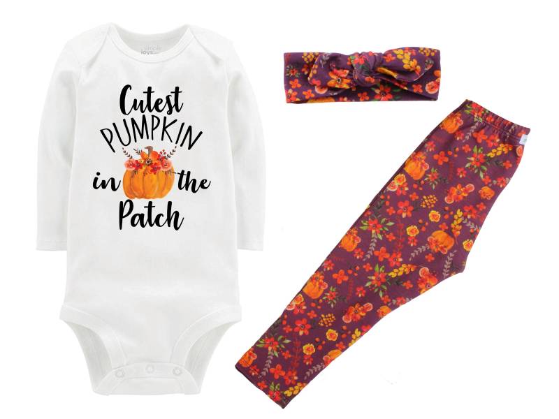 Mädchen Niedlichen Kürbis in Der Patch-Outfit Herbst Blumen Leggings Bodysuit Herbst-Baby-Outfit Top Knot Stirnband von TwoDreamsShop
