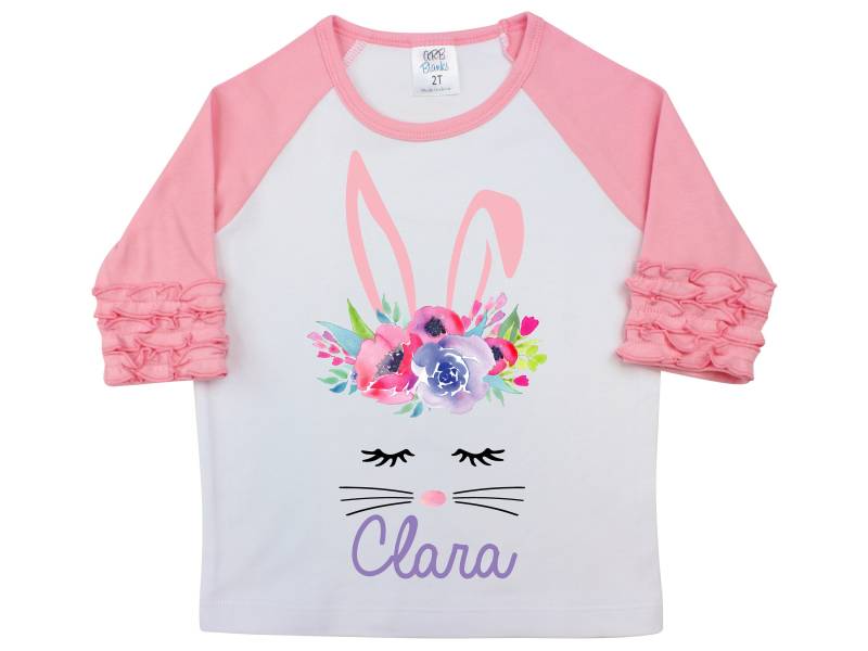 Mädchen Ostern Shirt Aquarell Blumen Häschen Gesicht Personalisierte Rüschen Raglan Bodysuit Flattern Ärmel Monogramm von TwoDreamsShop