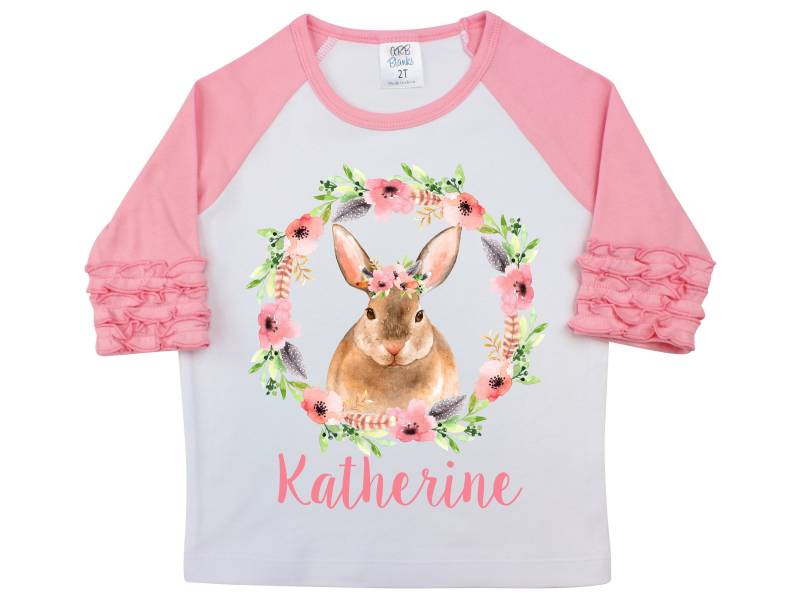 Mädchen Ostern Shirt Aquarell Hase Waldhase Blumen Personalisiert Rüschen Raglan Bodysuit Flattern Ärmel Monogramm von TwoDreamsShop