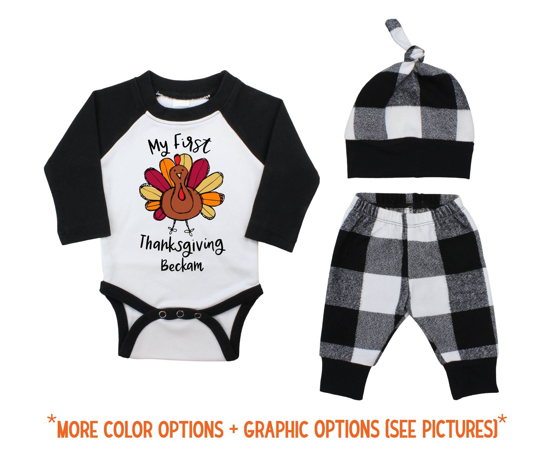 My First Thanksgiving Scribble Türkei Personalisierte Outfit Herbst Baby Raglan Karierte Hose Schwarzraglan von TwoDreamsShop