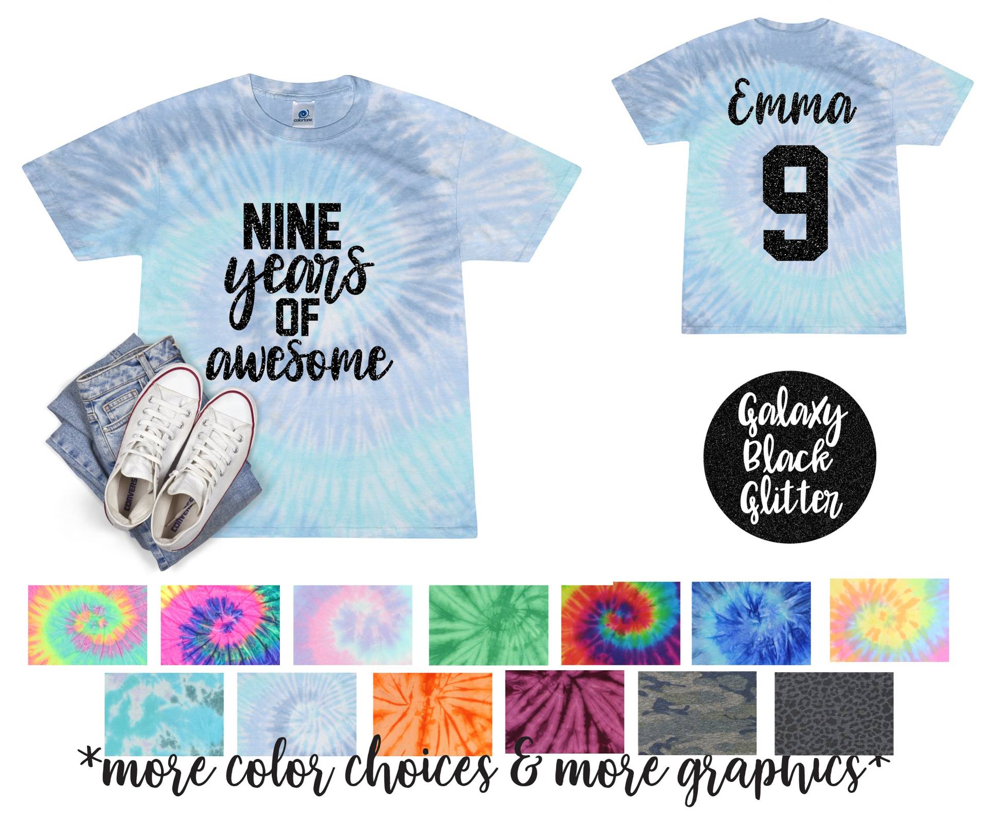 Neun Jahre Ehrfürchtiges Mädchen-Geburtstags-Tie-Dye-Shirt-Schwarz-Glitter-Vinyl-Geburtstags-Shirt-Mädchen-Geburtstags-Shirt Tween-Geburtstags-Shirt von TwoDreamsShop