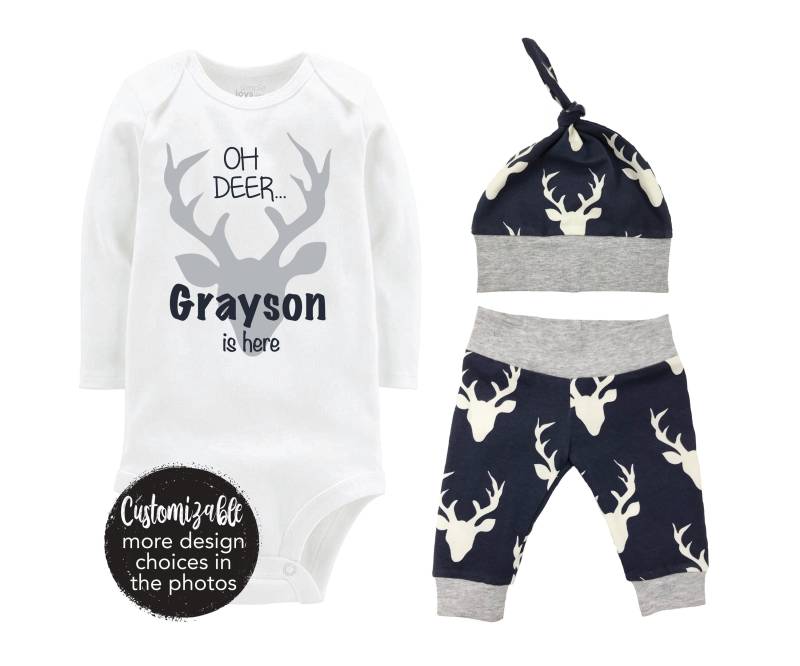 Oh Deer Boy Going Coming Home Set Personalisierte Grau Bodysuit Säugling Geschenk Monogramm Outfit Buck Und Navy von TwoDreamsShop