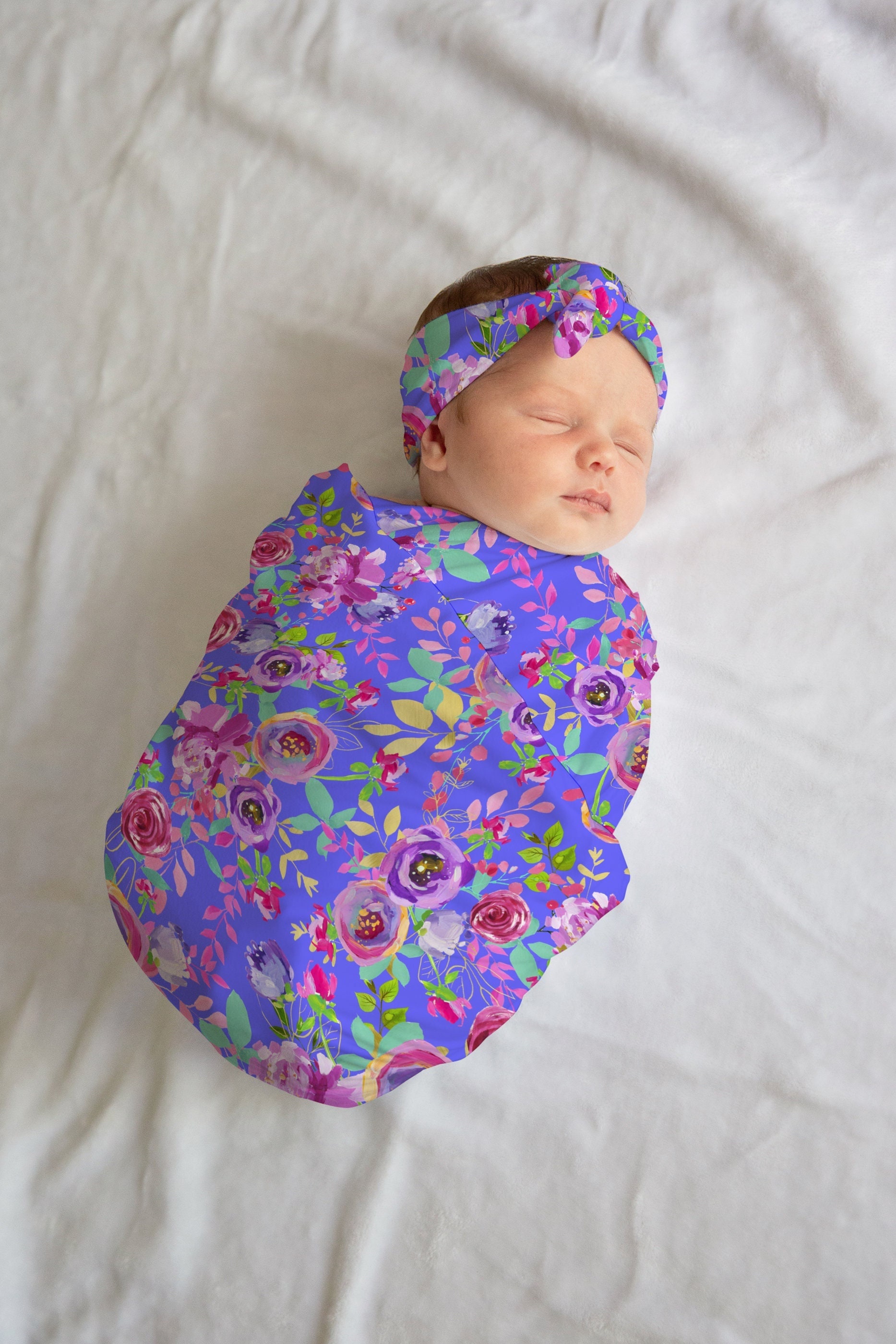 Pastell Aquarell Blumen Neugeborenen Swaddle Set Decke Top Knoten Hut Stirnband Floral Jersey Baby Bindung Lila Petrol Pink von TwoDreamsShop