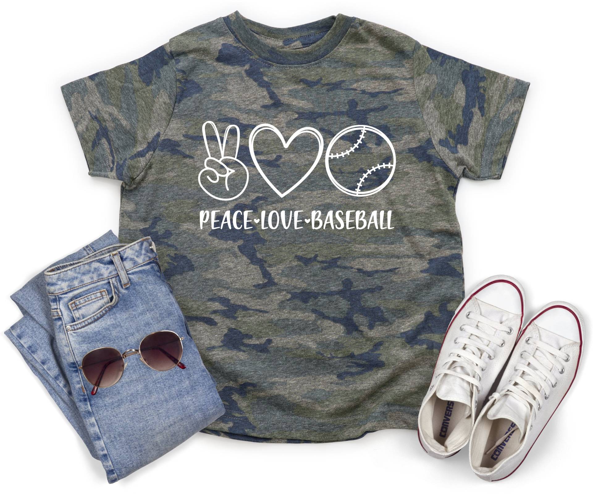 Peace Love Baseball Camo Shirt Solid White Vinyl Camouflage Girl Fan von TwoDreamsShop