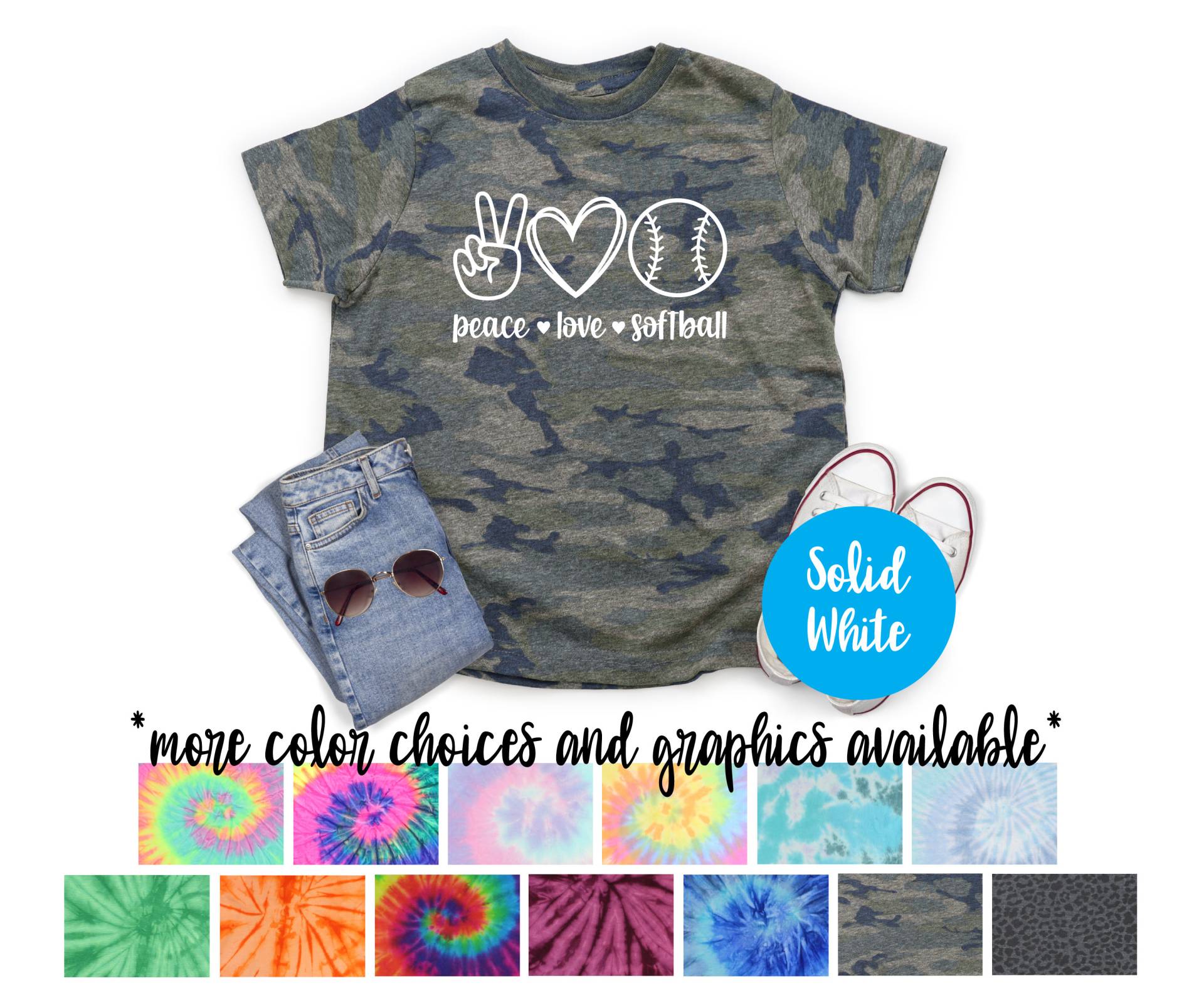 Peace Love Softball Camo Shirt Solides Weißes Vinyl Camouflage Girl Fan von TwoDreamsShop