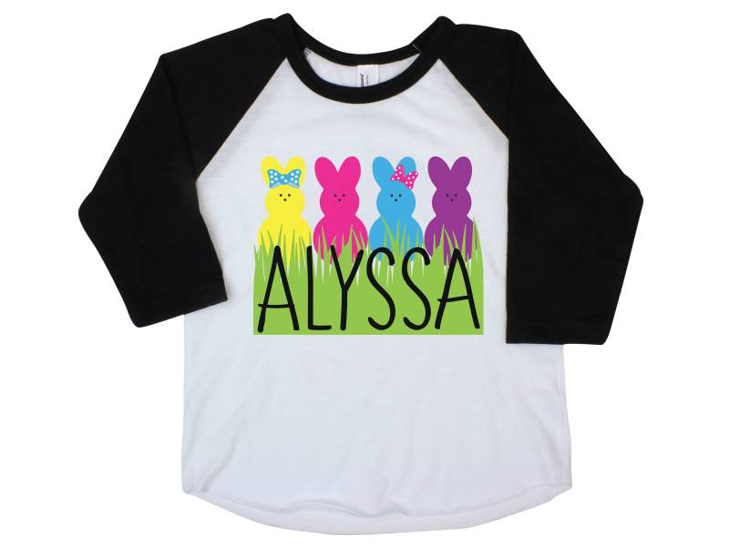Peeps Oster Shirt Osterhase Personalisiert Bodysuit Schwarz Raglan Flattern Ärmel Mädchen Monogramm My von TwoDreamsShop