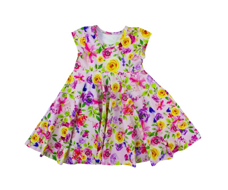 Rosa Sommer Twirly Kleid Aquarell Blumen Frühling Ostern Kleinkind Mädchenkleid Lila Gelb Twirl Kurzarm Strick von TwoDreamsShop