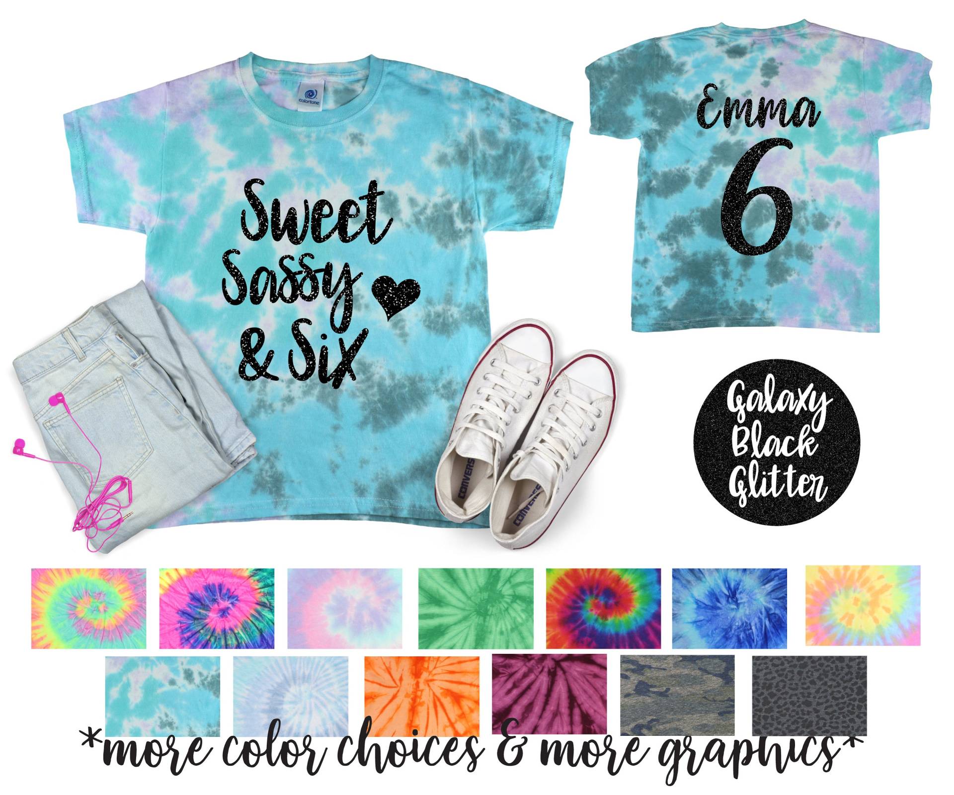 Süßes Sassy & Six Einhorn Tie Dye Shirt Schwarz Glitzer Vinyl Geburtstagskind Mädchen Geburtstag Tween Custom Viele Designs von TwoDreamsShop