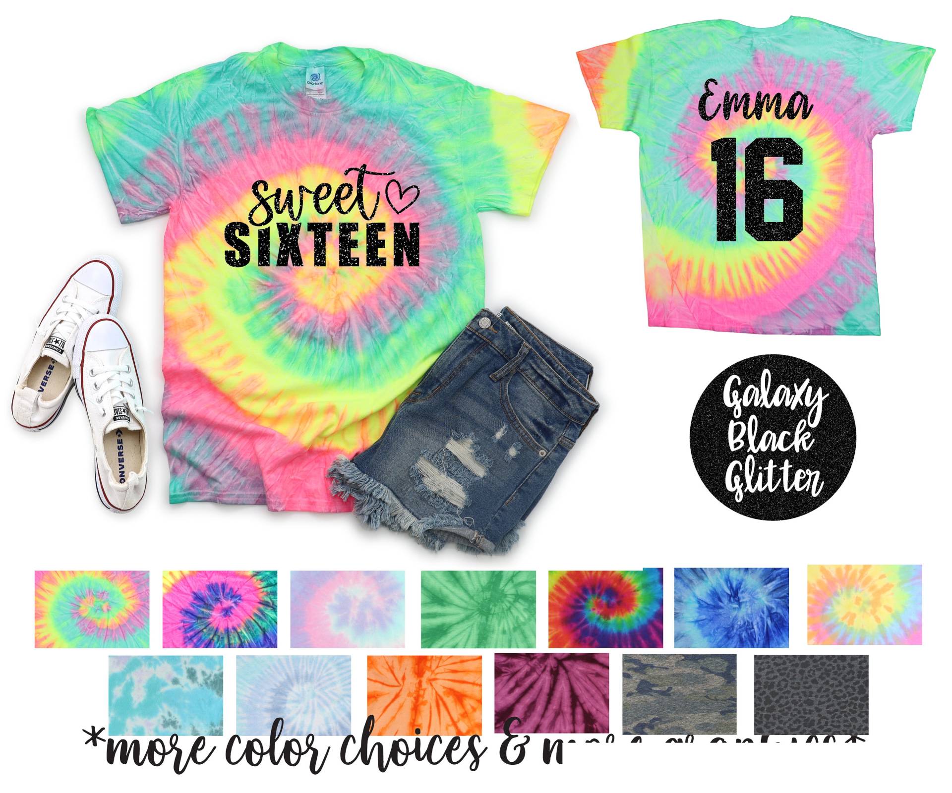 Sweet Sixteen Pastell Tie Dye Shirt Schwarz Glitzer Vinyl Geburtstagskind Geburtstagsparty Mädchen Geburtstag Teen von TwoDreamsShop