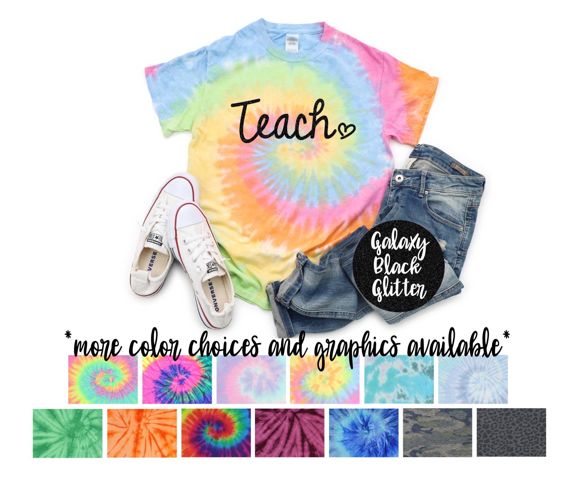 Unterrichten Lehrer Tie Dye Neon Shirt Galaxie Helles Schwarz Glitzer Vinyl Teach Zurück in Der Schule Mädchen Pastellschullehrer von TwoDreamsShop