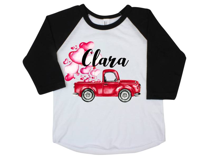 Valentinstag Lkw Und Herz-Ballon-Shirt Personalisierter Name Rosa Ballone Aquarell-Monogramm-Mädchen Oder Jungen Unisex-Valentinstag von TwoDreamsShop