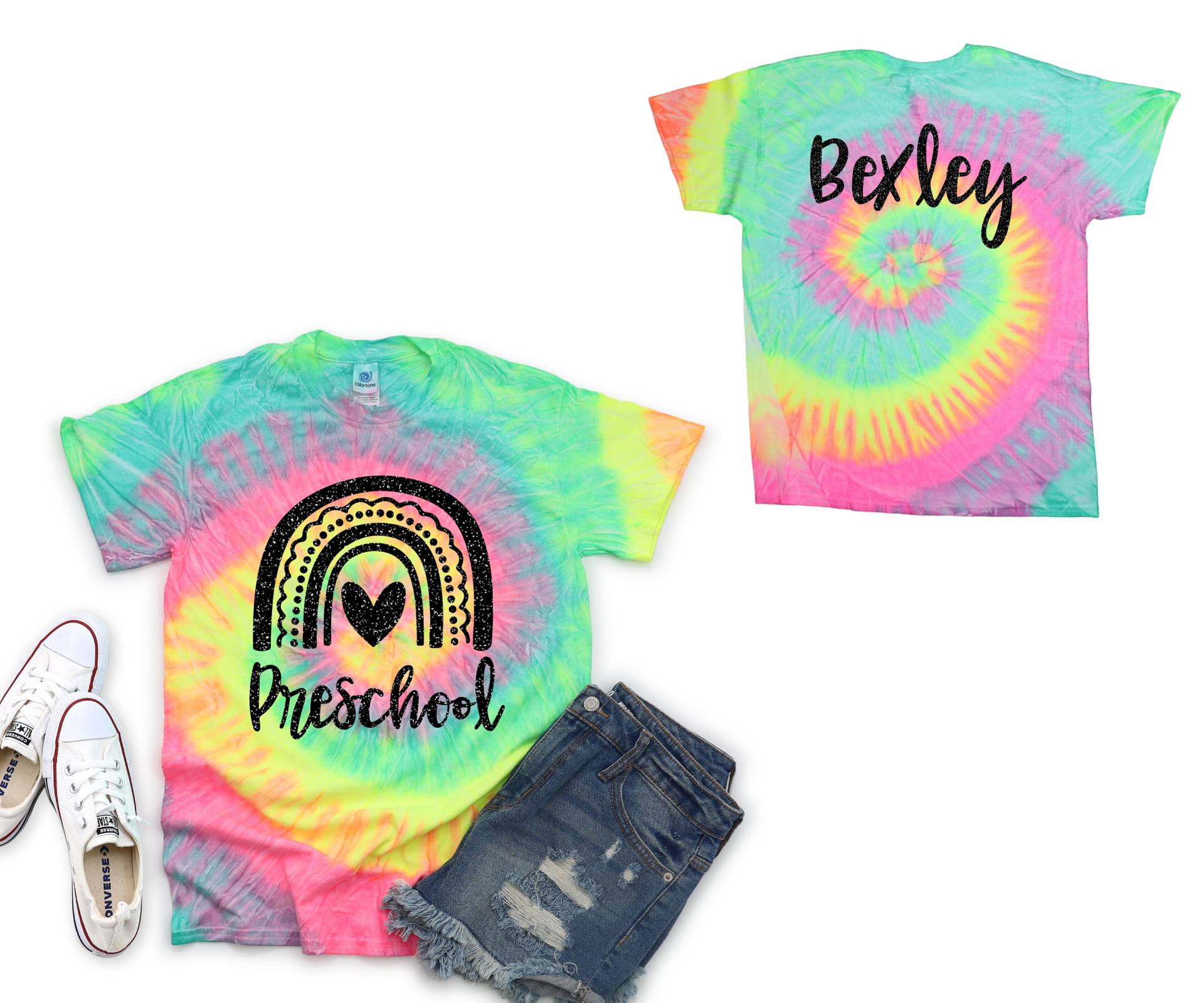 Vorschulmädchen Personalisierte Pastell Neon Minty Tie Dye Shirt Galaxie Hell Schwarz Glitter Vinyl Weiß Regenbogen Mädchen Zurück Zu Schulshirt von TwoDreamsShop