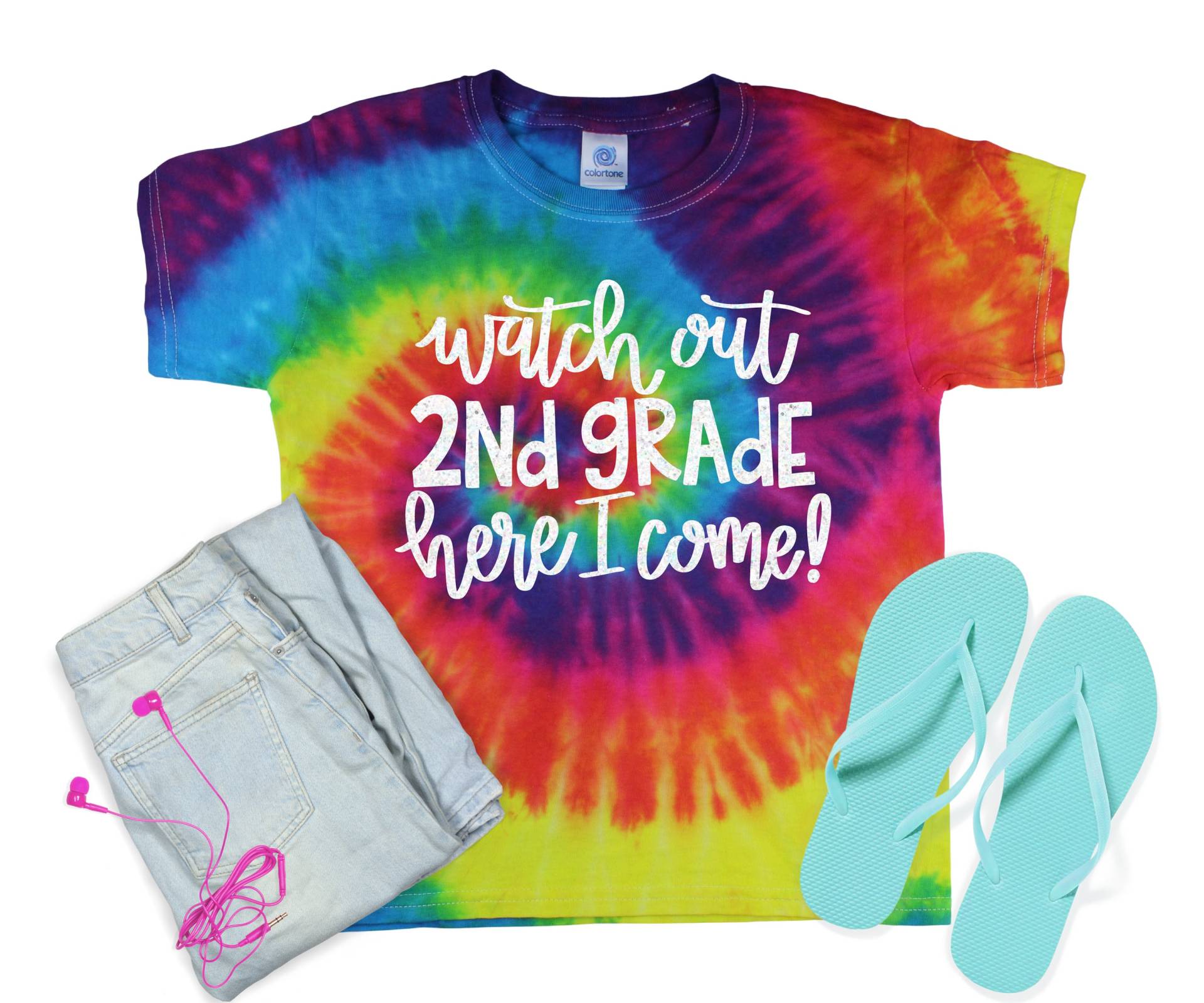 Watch Out 2.klasse Mädchen Schulanfang Pastell Neon Tie Dye Shirt Galaxie Hellschwarz Glitzer Vinyl Regenbogen Erster Schultag von TwoDreamsShop