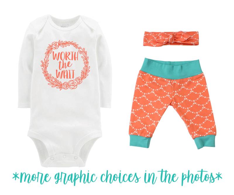 Wert Die Wartezeit Mädchen Nach Hause Outfit Neugeborene Baby Säugling Set Yoga Leggings Stirnband Unfruchtbarkeit Orange Teal Geschenk Shower von TwoDreamsShop