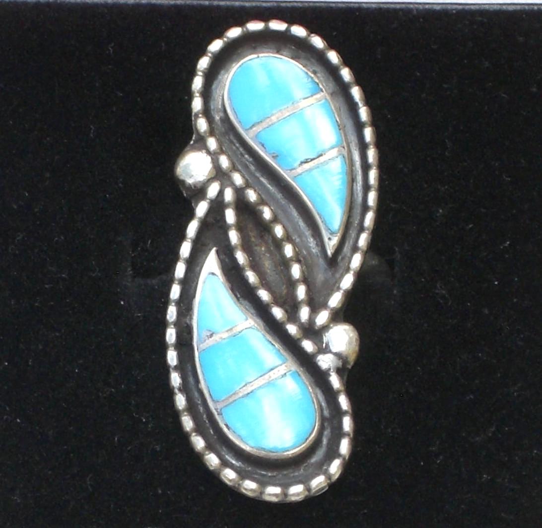 sterling Silber Türkis Ring Mit Tropfen Muster - Vintage Kostenloser Versand von TwoGoodEggs