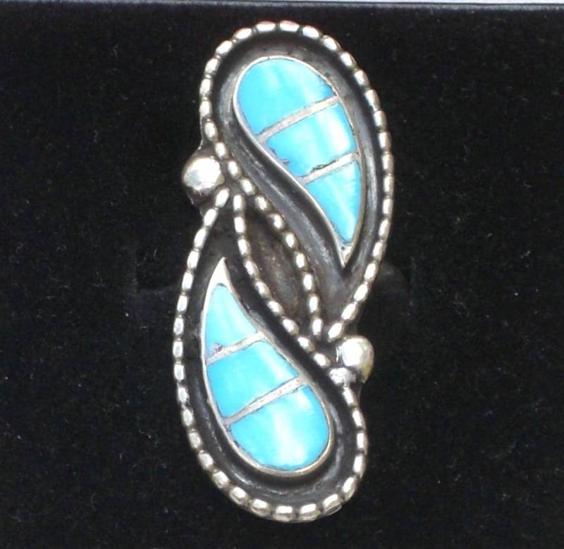 sterling Silber Türkis Ring Mit Tropfen Muster - Vintage Kostenloser Versand von TwoGoodEggs