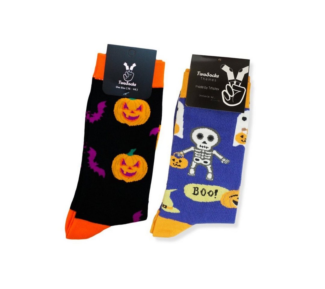 TwoSocks Freizeitsocken Halloween Socken Skelett und Kürbis für Damen & Herren Einheitsgröße (2 Paar) von TwoSocks