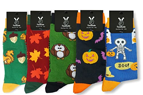 TwoSocks Halloween Socken Halloween Socks perfekt als Halloween Kleinigkeiten geeignet für Socken Damen Socken Herren (Geist + Kürbis + Ahornblatt + Eichhörnchen + Eule) von TwoSocks